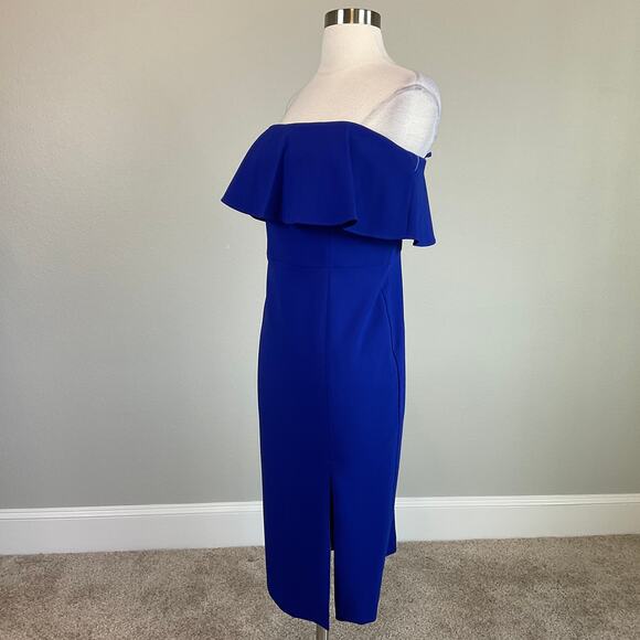 Aidan Mattox Strapless Cocktail Dress Size 8 Blue Colorful Ruffled Midi Sheath - Picture 3 of 11